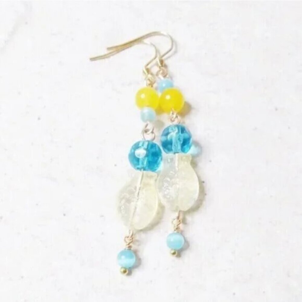 Boho Beach Fish Earrings • Aqua Yellow Beaded Dangles • Mermaid Approved